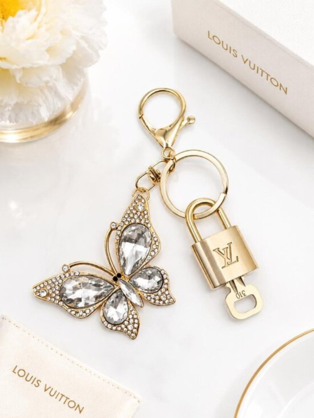 Authentic Louis Vuitton Gold Padlock 🔒 Key Set w/ Butterfly Bag Charm